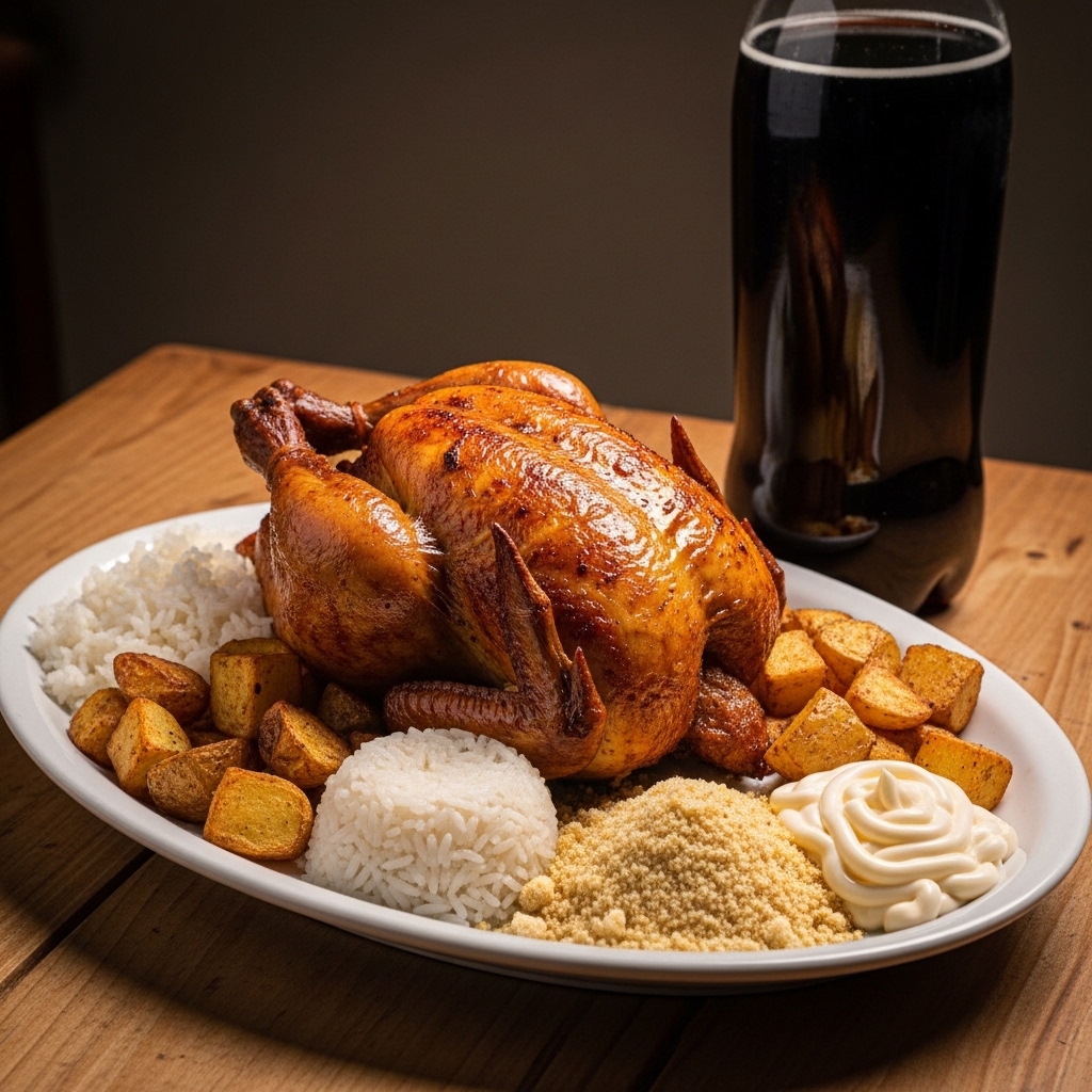 Combo Família com frango assado, arroz, batata, farofa, maionese e refrigerante 2L